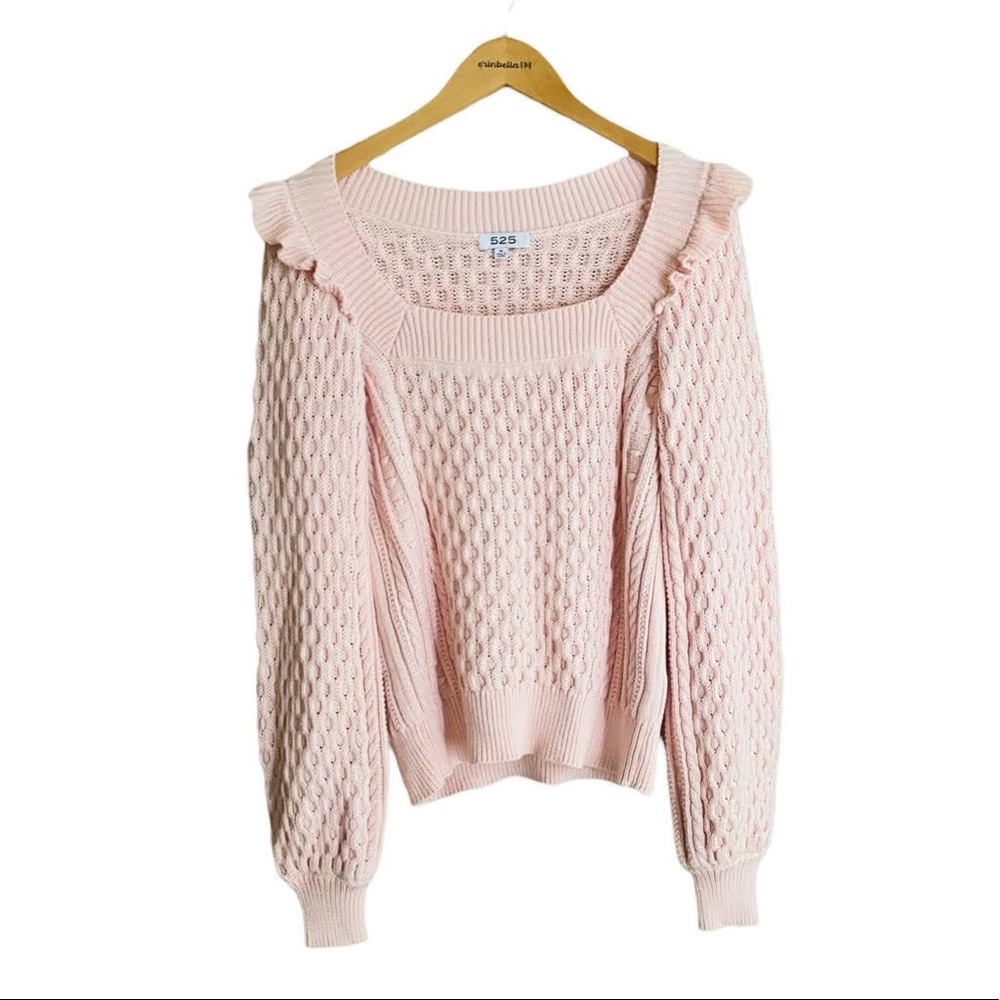525 America Baby Pink Square Neck Ruffle Cable Knit Long Sleeve Sweater Size LG